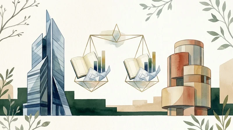 Illustration stylisée montrant balance, livres et bâtiments modernes.