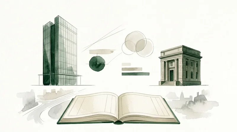 Livre ouvert entouré de bâtiments et éléments de design architectural