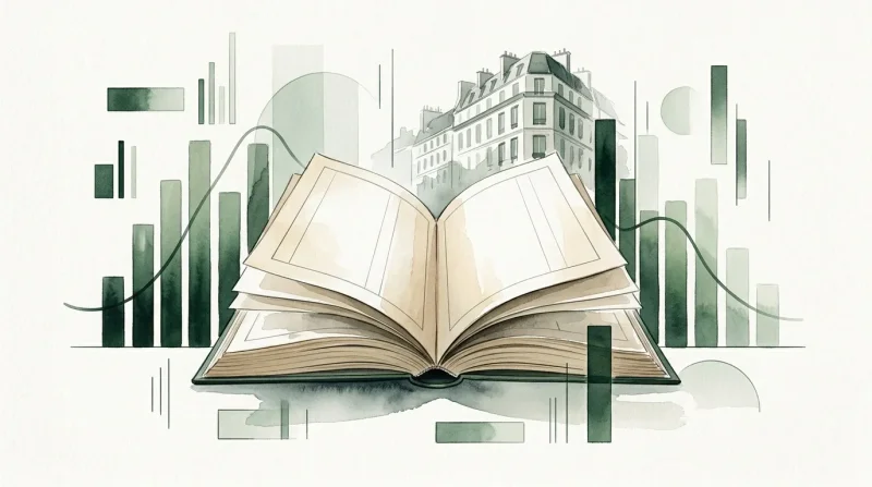 Livre ouvert avec graphiques et immeuble parisien en arrière-plan