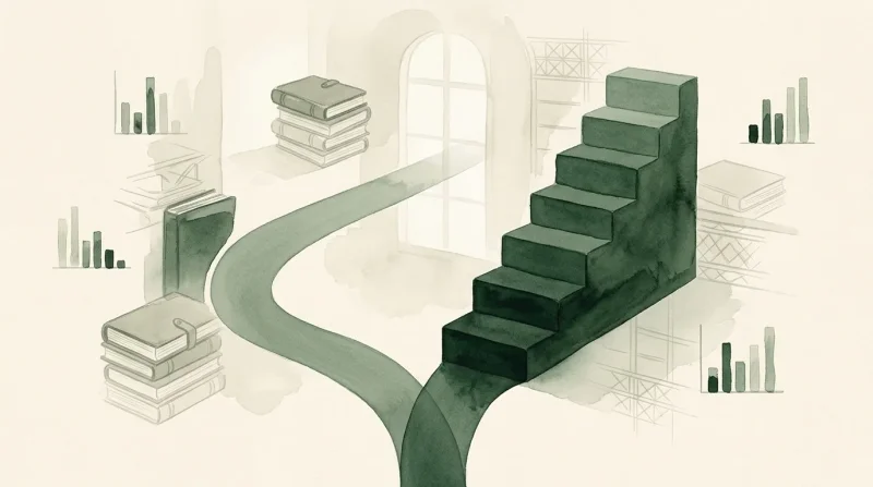Escaliers verts symbolisant la progression avec livres et graphiques