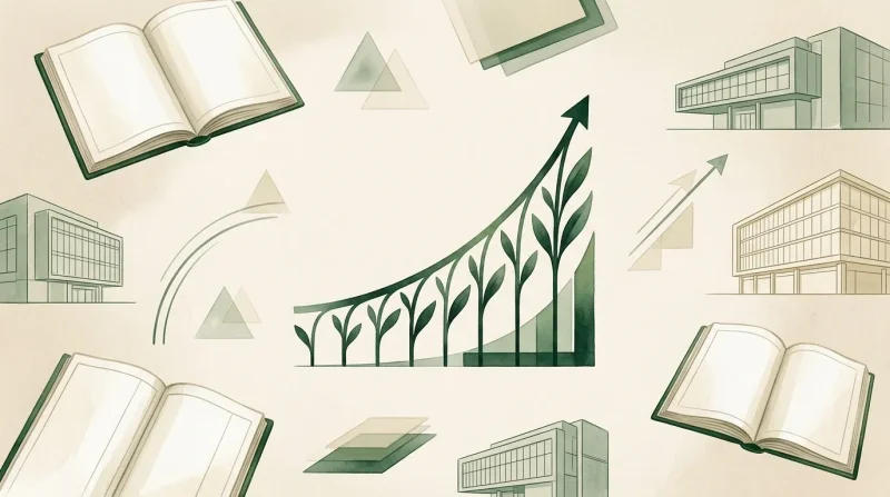 Illustration symboles livres, bâtiments, plantes croissance flèche
