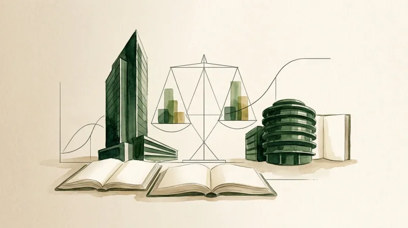 Illustration symbolique combinant bâtiments, balance et livres ouverts