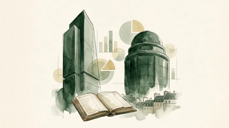 Livre ouvert avec bâtiments et dôme verts stylisés