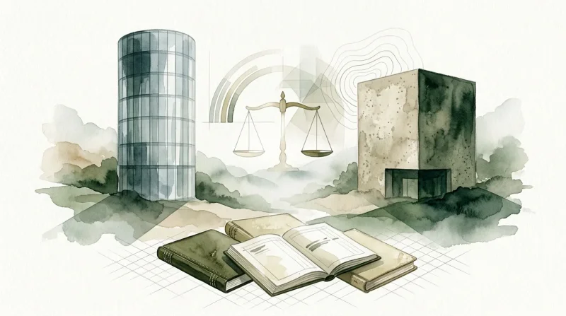 Livres, balance, bâtiments architecturaux symbolisant justice et légalité
