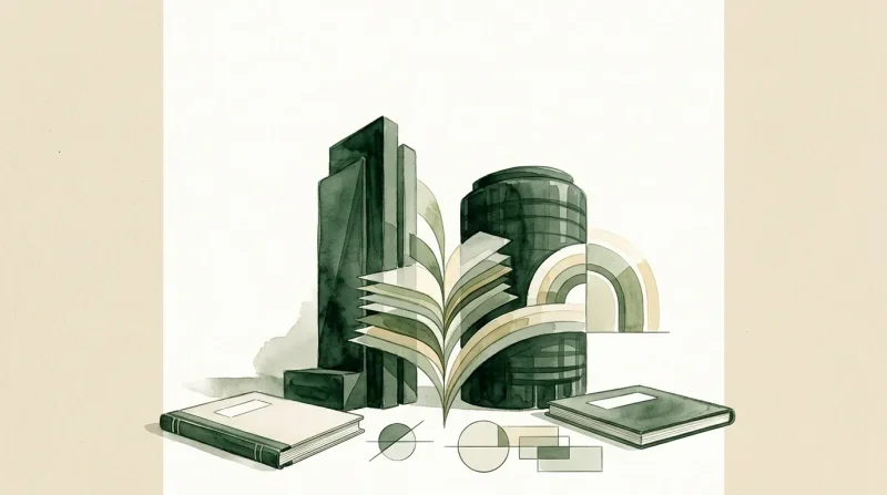Illustration stylisée combinant bâtiments, livres ouverts et formes géométriques