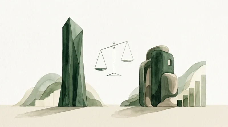 Illustration abstraite avec balance, tour et bâtiments verts