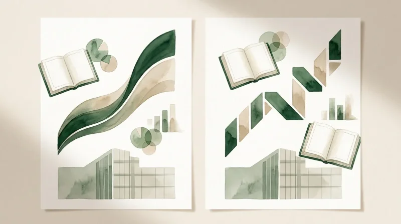 Deux illustrations abstraites avec livres ouverts, feuilles vertes et éléments géométriques