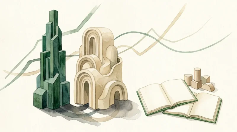 Illustration symbolique combinant bâtiments, livres et formes géométriques