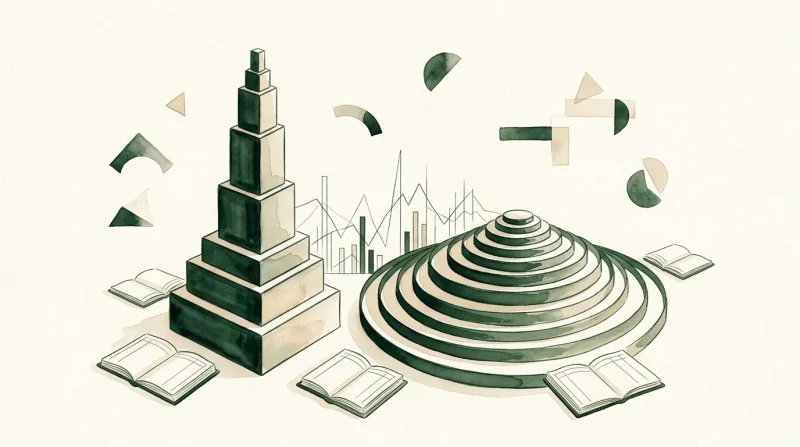 Illustration stylisée montrant pyramide, dôme, livres et éléments géométriques