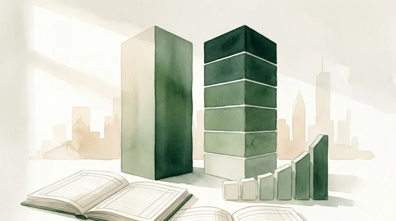 Bâtiments verts avec graphiques de croissance et documents comptables