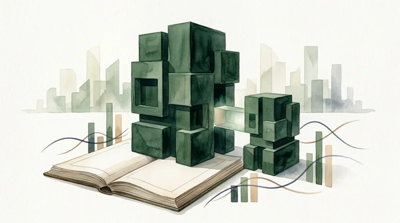 Livre ouvert avec bâtiments verts et graphiques de données