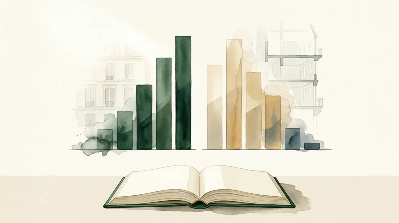 Livre ouvert avec graphiques de croissance urbaine stylisés.