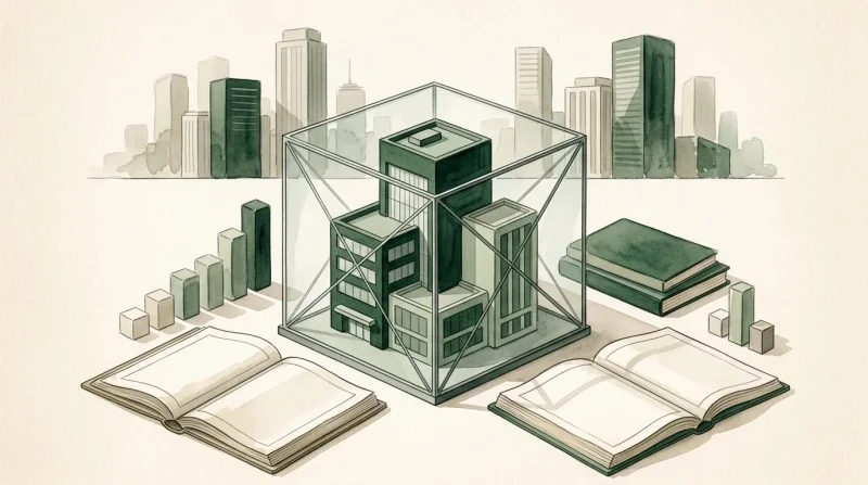 Bâtiment en verre entouré de livres et gratte-ciels
