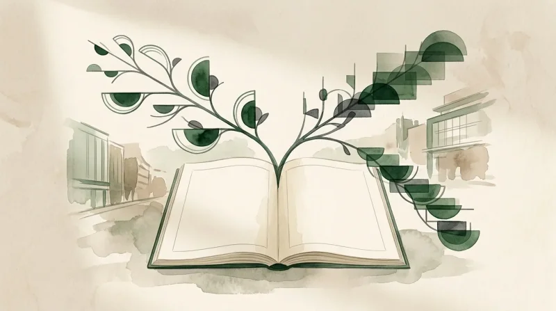 Livre ouvert avec plantes vertes et bâtiments en arrière-plan