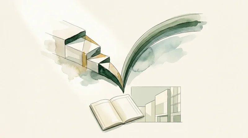 Illustration aquarelle montrant livre, bâtiment moderne et feuilles vertes