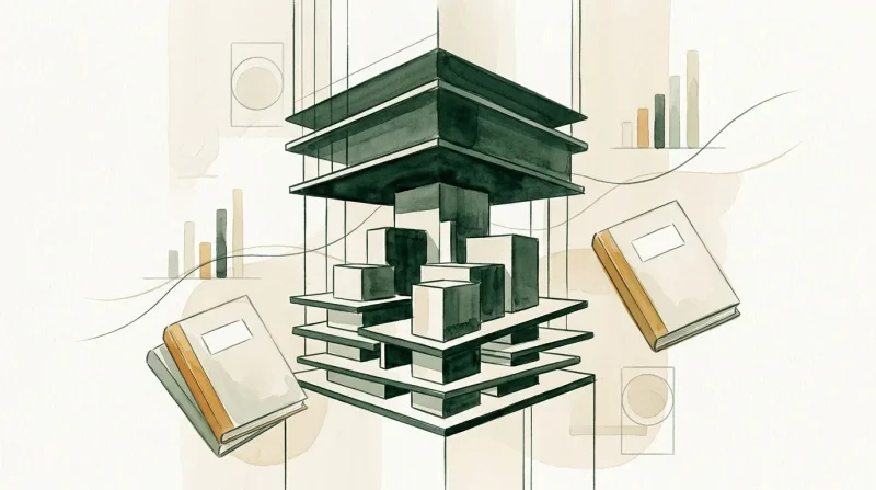 Structure pyramidale verte avec livres et données graphiques