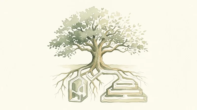 Illustration d'un arbre avec racines formant un labyrinthe