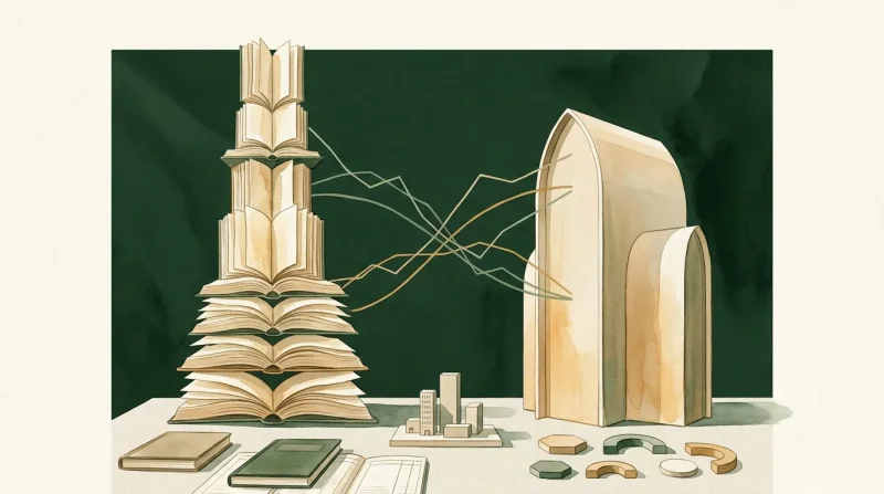 Illustration stylisée montrant des livres empilés et des bâtiments miniatures.