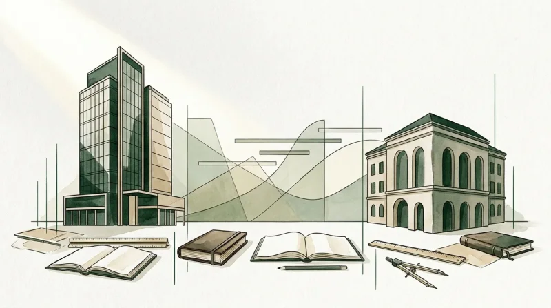 Illustration montrant bâtiments modernes et historiques avec livres et outils