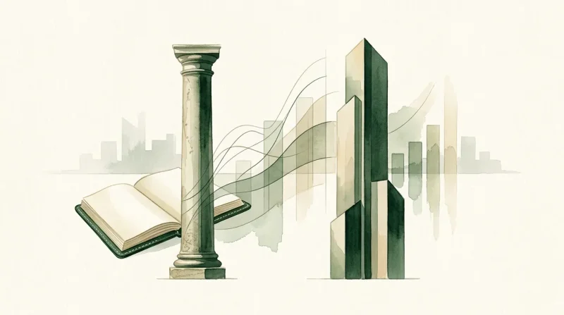 Livre ouvert, colonne classique et gratte-ciels modernes stylisés